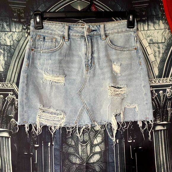 Pacsun Mini Skirt Women's 25 Blue Denim Jean Distressed Ripped Frayed Hem Grunge - Picture 1 of 5
